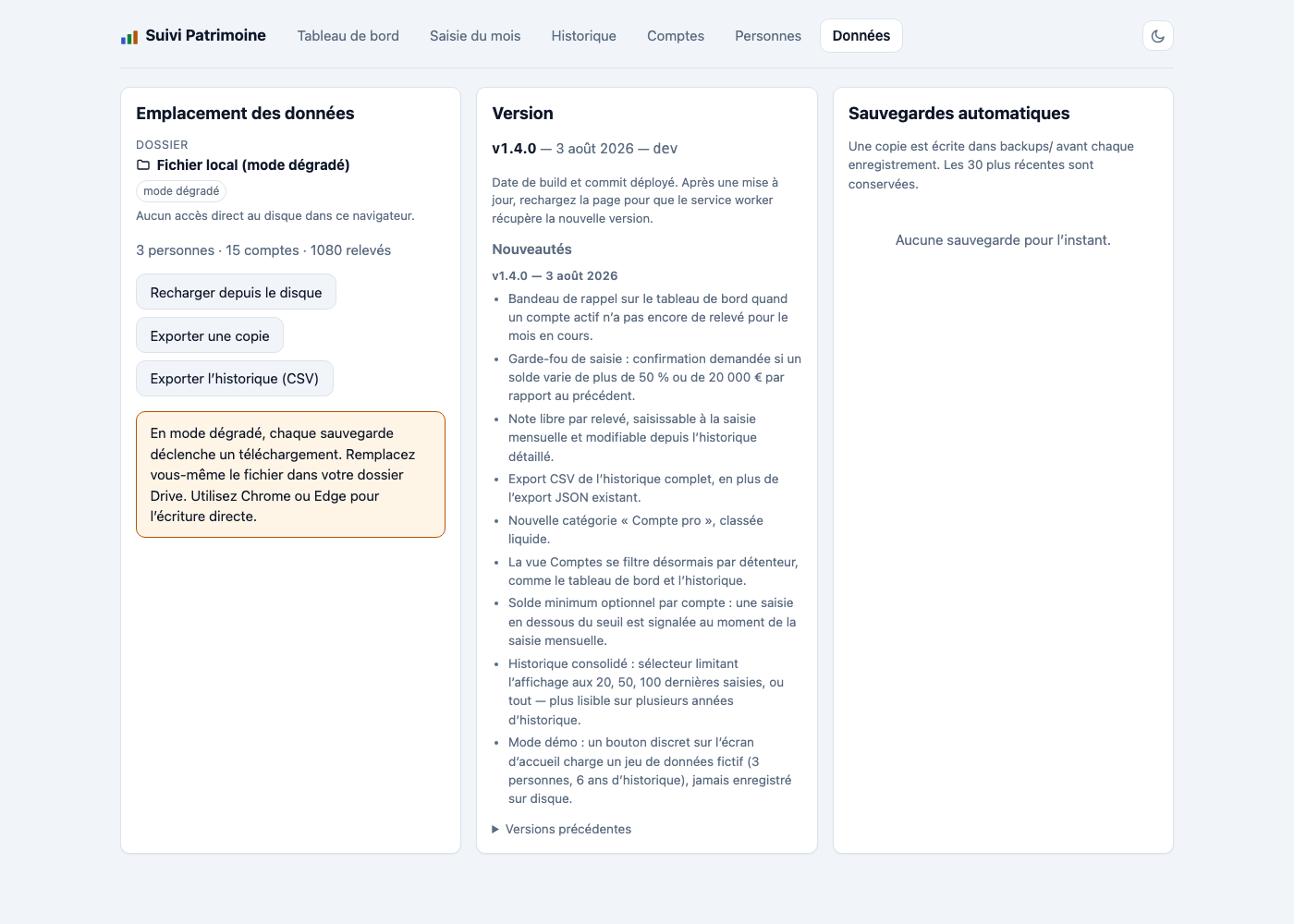 Écran de gestion des données : dossier local, export, sauvegardes